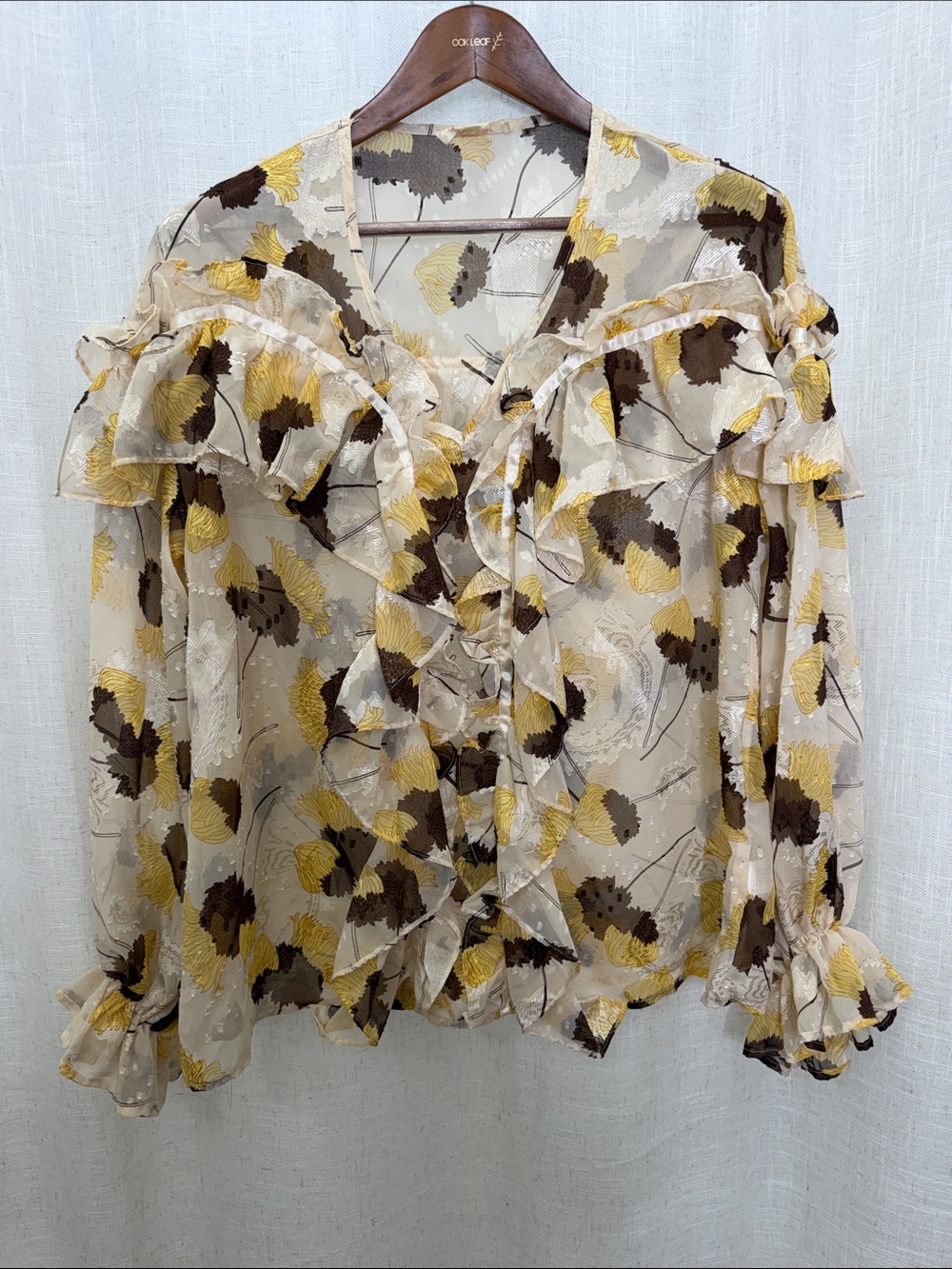 Mazik Long Sleeve Sheer Floral Ruffle Top Size Medium Excellent Condition